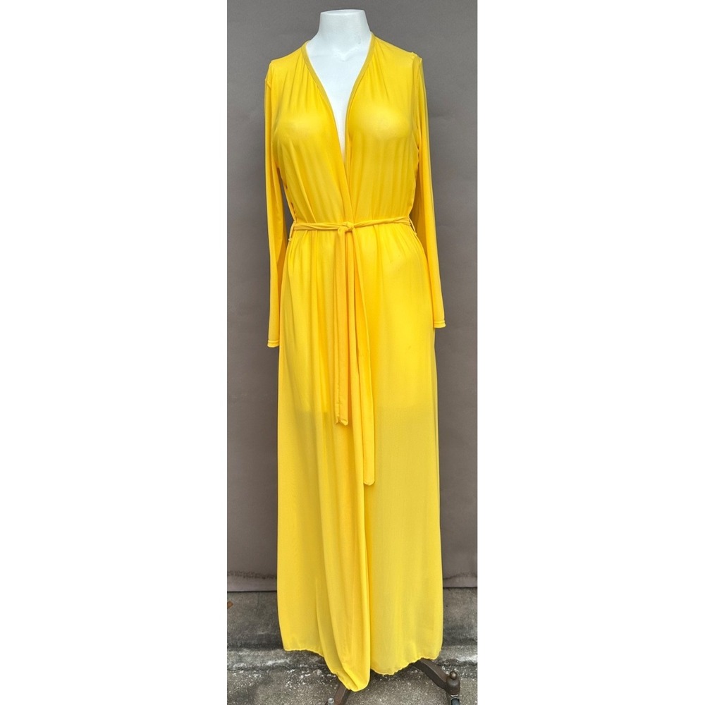 Sheer Mesh Maxi Cover Up Kimono Robe Yellow Long Sleeve Open Front Tie Waist